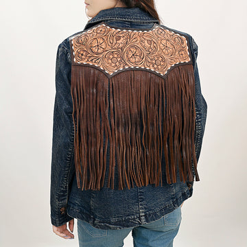 ADBZ044 Genuine leather Hand tooled hand carved Women 100% cotton Denim Blazer dress jacket ladies Girl